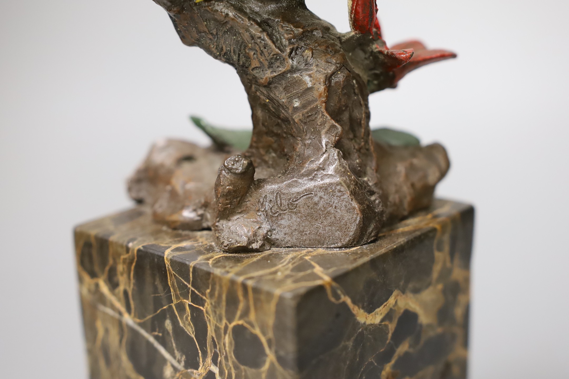 Miguel Ferdinand Lopez (Milo), a 20th century cold painted bronze model of a yellow bird, on later marble base, 29cm
